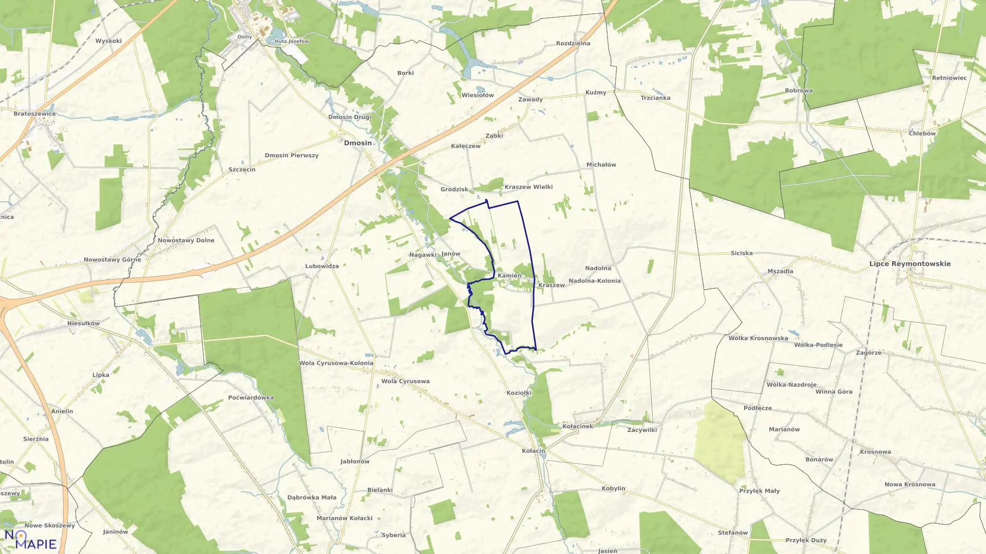 Mapa obrębu KAMIEŃ w gminie Dmosin