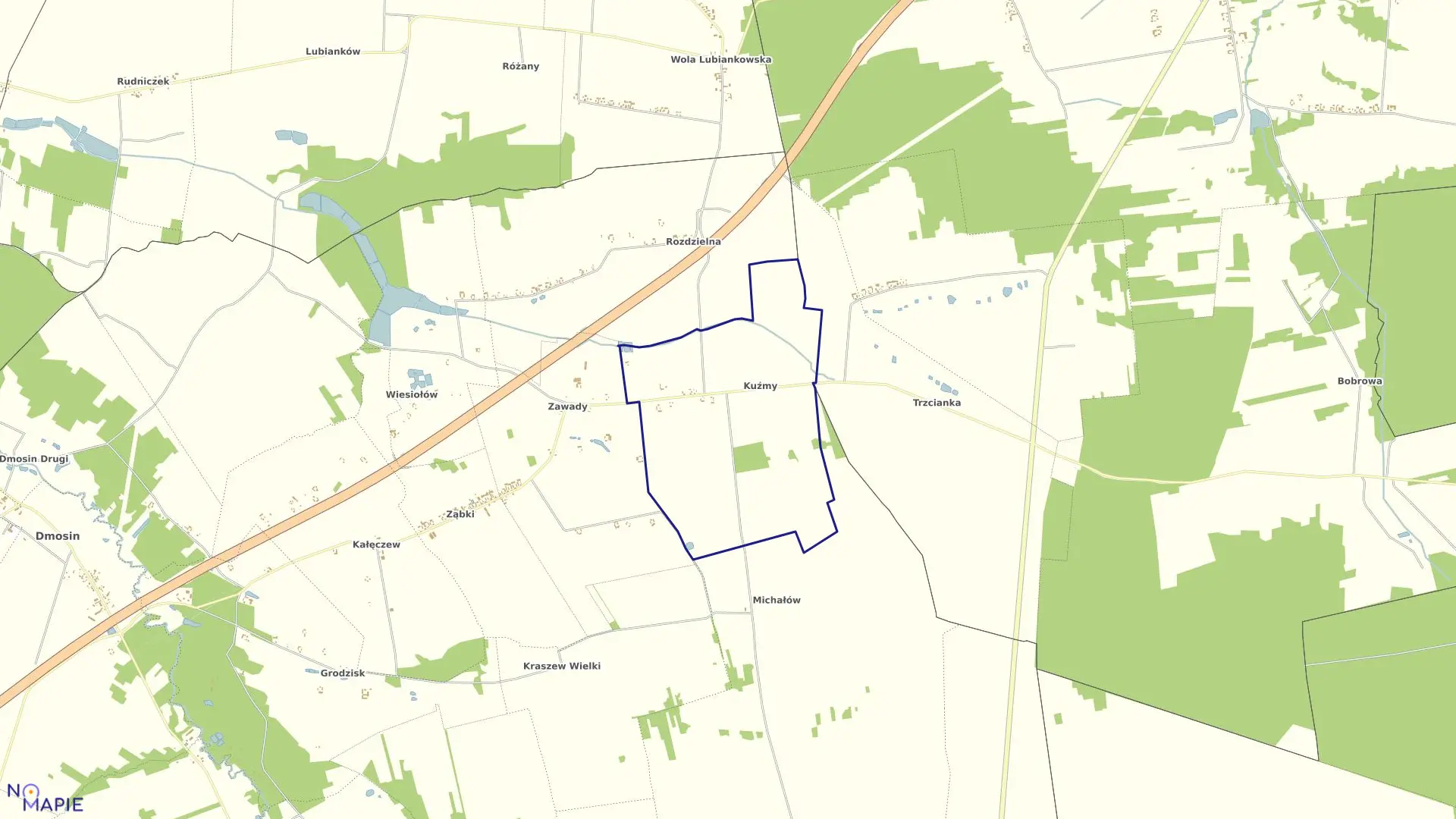 Mapa obrębu KUŹMY w gminie Dmosin